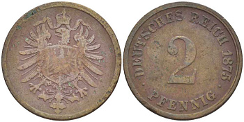 ГЕРМАНИЯ 2 ПФЕННИГА 1875 G, СТАРОГЕРБОВКА KM 2, J. 2, Weege 3 медь 212-552