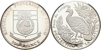 Конго 500 франков 1992 серия охрана природы, павлин Конго KM 12 серебро PROOF 04-320-15