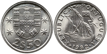 ПОРТУГАЛИЯ 2,5 ЭСКУДО 1982 ПАРУСНИК KM 590 медно-никель 4387-664