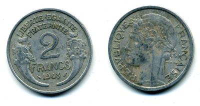 Франция 2 франка 1948 KM 886a.1 алюминий 35-1156