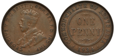АВСТРАЛИЯ 1 ПЕННИ 1934 ГЕОРГ V (1910-1936) KM 23 бронза 02-264-26