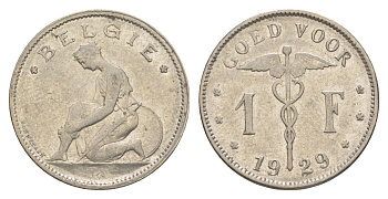 Бельгия 1 франк 1929 Belgie, Альберт I (1909-1934) KM 90 никель 4619-1044