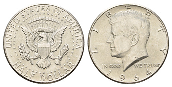 США 1/2 доллара (50 центов) 1964 Джон Кеннеди, год-тип KM 202 серебро aUNC 1527-1145