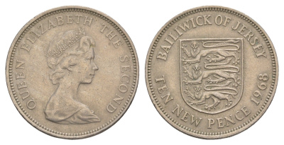 Джерси 10 новых пенсов 1968 герб, Елизавета II (1952-2022) KM 33 медно-никель 4653-1016
