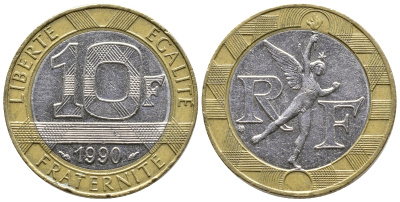 Франция 10 франков 1990 тип Гений Бастилии KM 964.1, Le Frank 375.5 биметалл 93-1134