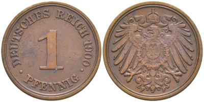 ГЕРМАНИЯ 1 ПФЕННИГ 1900 F KM 10, Jager. 10, Weege 2 медь 4528-1162