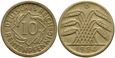 ГЕРМАНИЯ 10 РЕНТЕНПФЕННИГОВ 1924 D KM 33, J. 309, Weege 8 алюминиевая бронза 51-611