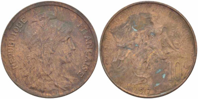 Франция 10 сантимов 1917 тип Даниэль Дюпюи KM 843, LA FRANC 136.29 бронза 109-425