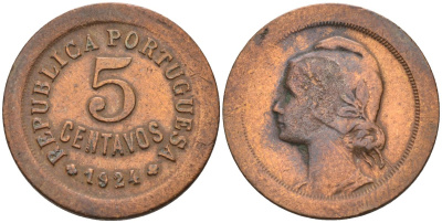 Португалия 5 сентаво 1924 KM 572 бронза 31-933