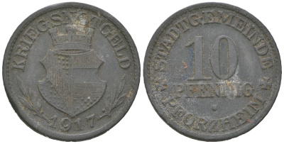 Пфорцгейм 10 пфеннигов 1917 Funck 423.1, Men05 20430.1, Men18 25604.1 цинк 176-847