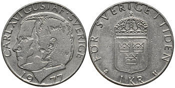 Швеция 1 крона 1977 Карл XVI Густав (1973- ) KM 852 медь плакированная медно-никелем 4577-822