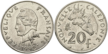 Французская Новая Каледония 20 франков 1992 три быка, (IEOM) KM 12, Schoen 14, Lec 115 никель 81-321