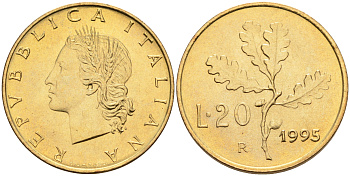 Италия 20 лир 1995 R, дубовый лист KM 97.2 алюминиевая бронза  UNC  4594-1015
