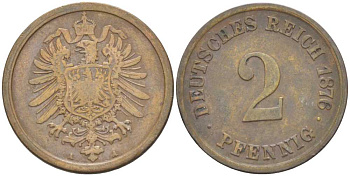 ГЕРМАНИЯ 2 ПФЕННИГА 1876 A, СТАРОГЕРБОВКА KM 2, J. 2, Weege 3 медь 212-651