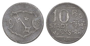 Вормс 10 пфеннигов 1918 Funck 613.2A, Men05 27640.2, Men18 34694.2 железо 4643-1018