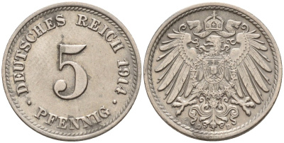 Германия 5 пфеннигов 1914 D KM 11, J. 12 медно-никель 4151-551
