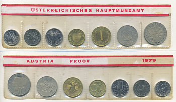 Австрия набор из 7 монет  1979  2, 5, 10, 50 грошей, 1, 5, 10 шиллингов, в целлофане KM PS 39 PROOF 4400-6-3