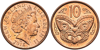 Новая Зеландия 10 центов 2013 маска Маори, Елизавета II (1952-) KM 117а сталь плакированная медью 106-252