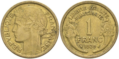 Франция 1 франк 1939 тип Морлон KM 885, LE FRANC 219.10 алюминиевая бронза 3853-152
