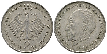 ФРГ 2 МАРКИ 1977 F, КОНРАД АДЕНАУЭР KM 124, J. 406 медно-никель плакированный никелем 47-842