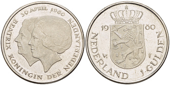 Нидерланды 1 гульден 1980 на коронацию Беатрикс, 30 апреля 1980 KM 200 никель 31-831