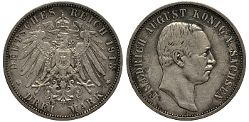 Саксония 3 марки 1913 E, Фридрих Август III (1904-1918) Weege 132, J. 135, KM 1267 серебро 3711-1345