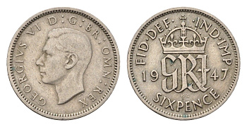 Великобритания 6 пенсов 1947 Георг VI (1936-1952) KM 875, Spink 4105 медно-никель 4684-1016