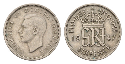 Великобритания 6 пенсов 1947 Георг VI (1936-1952) KM 875, Spink 4105 медно-никель 4684-1016