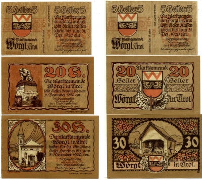 ВЁРГЛЬ, Австрия лот из 3 БАНКНОТ 1920 31 декабря 1920, НОТГЕЛЬД (10, 20, 30 геллеров), ЗЕМЛЯ ТИРОЛЬ бумага 2195-7-2-1