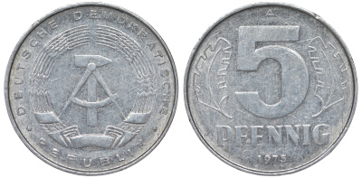 ГДР 5 ПФЕННИГОВ 1975 A KM 9.1 алюминий 62-332