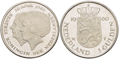 Нидерланды 1 гульден 1980 на коронацию Беатрикс, 30 апреля 1980 KM 200 никель 31-831