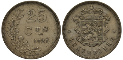 ЛЮКСЕМБУРГ 25 САНТИМОВ 1927 ВЕЛИКАЯ ГЕРЦОГИНЯ ШАРЛОТТА (1919-1964) KM 37 медно-никель 4538-824