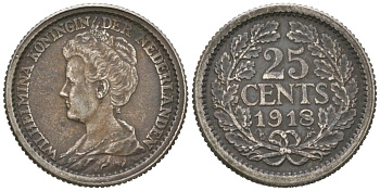 Нидерланды 25 центов 1918 Вильгельмина (1890-1948) KM 146 серебро 4151-1133