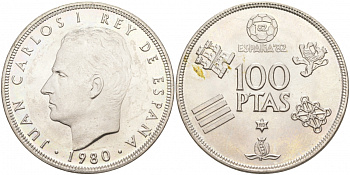 Испания 100 песет 1980 (80) чемпионат мира по футболу в Испании 1982 года, Хуан Карлос I (1975-) KM 820 медно-никель UNC 107-934