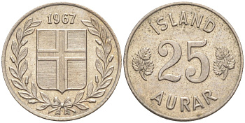 Исландия 25 эйре 1967 KM 11 медно-никель 187-369