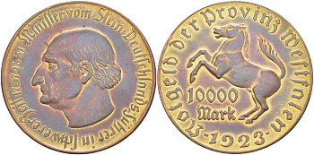Германия, Вестфалия 10000 марок 1923 Штейн, лошадь, 44,0 мм J. N 20 b медь цинк 1519-1223