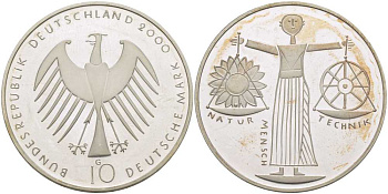 ФРГ 10 марок 2000 G, EXPO 2000 KM 199 серебро PROOF 413-4123