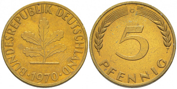 ФРГ 5 ПФЕННИГОВ 1970 G KM 107, J. 382 сталь плакированная латунью 3996-1141