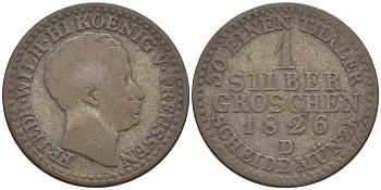 ПРУССИЯ 1 ГРОШ 1826 D, ФРИДРИХ ВИЛЬГЕЛЬМ III (1797-1840) KM 410 серебро 201-619