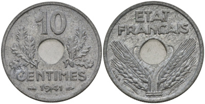 Франция 10 сантимов 1941 правительство Виши KM 898.1 цинк 4143-616