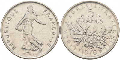 Франция 5 франков 1970 сеятель, тип Semeuse KM 926a.1, Le Franc 341.2 медно-никель плакированный никелем 3855-715