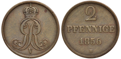 Брауншвейг-Каленберг-Ганновер 2 пфеннига 1856 B, Георг V (1851-1866) KM 217,  AKS 152, J. 84 медь 4142-147