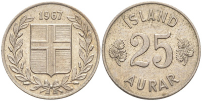 Исландия 25 эйре 1967 KM 11 медно-никель 187-369
