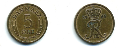 Дания 5 эре 1966 C; S, Фредерик IX (1947-1972) KM 848.1 бронза 59-1235