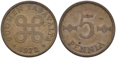 Финляндия 5 пенни 1972  KM 45 медь    4189-114