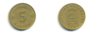 Латвия 5 сантимов 1992 KM 16 латунь 176-437
