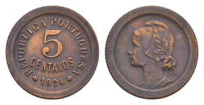 Португалия 5 сентаво 1924 KM 572 бронза 4658-1268
