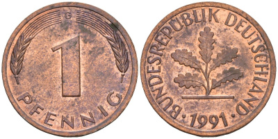 ФРГ 1 пфенниг 1991 G KM 105, J.380 сталь плакированная медью 3955-1152