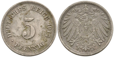 Германия 5 пфеннигов 1914 A KM 11, J. 12 медно-никель 4151-548