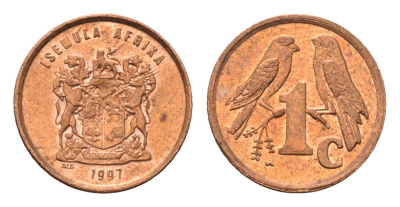 ЮАР 1 цент 1997 герб, капские воробьи KM 170 сталь плакированная медью UNC 4694-222